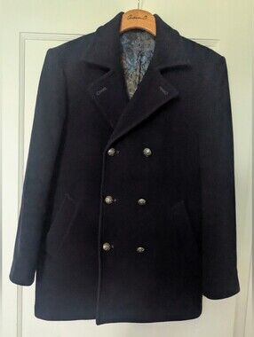 Tallia Men's Navy Blue Wool-Blend Double-Breasted Peacoat Jacket W/Side Pockets